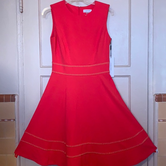 NEW CALVIN KLEIN SZ 6 DRESS FIT & FLARE COCKTAIL CORAL PEACH GOLDEN SEQUIN - Picture 3 of 16